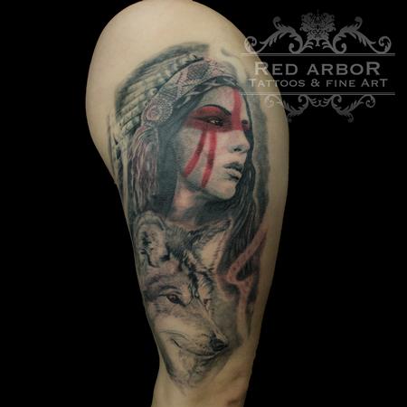 Tattoos - Warrior Woman Headress Wolf Tattoo - 130085